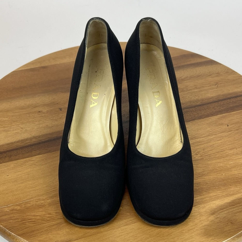 Womens Prada Black Fabric Vintage Slip On Flared Block Heel‎ Pumps Size EU 37.5 - Picture 7 of 9